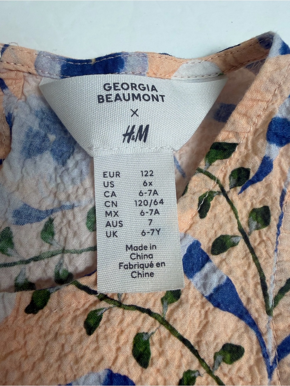 H&M X Georgia Beaumont Peach Blue Floral Girls Dress Size 6X - Picture 6 of 8